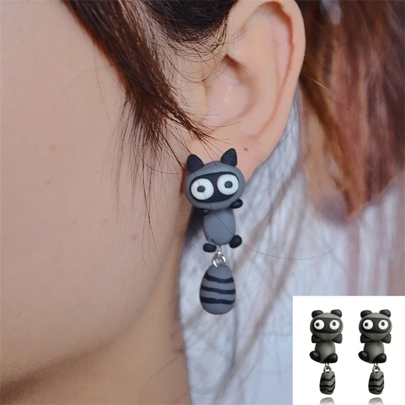 Pendientes de arcilla polimérica 3D para mujer y niña, aretes hechos a mano con dibujos animados de animales, joyería de gato